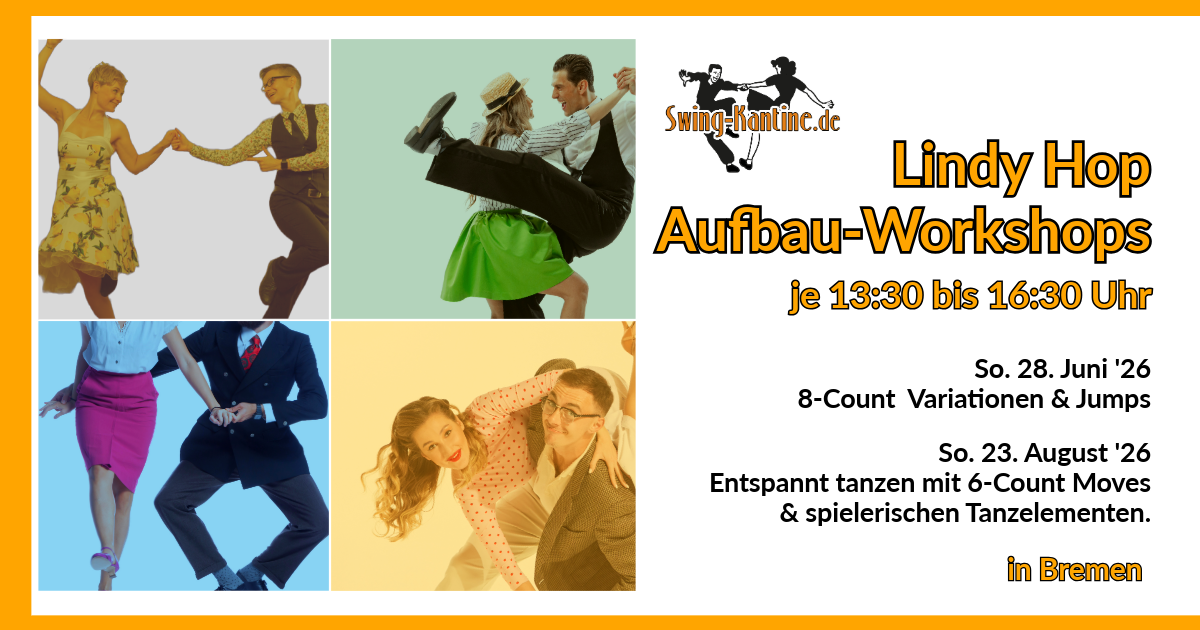 Lindy Hop Workshop 14./15. Februar 2026 Werbebild Lindy Hop Anfänger:innen-Workshop der Swing-Kantine